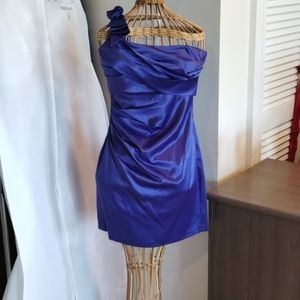 Silky Blue Prom Dress, One Shoulder with Rose Detail on Strap